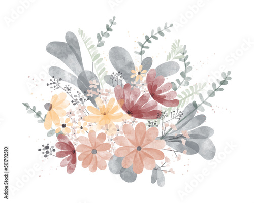 Watercolor flowers bouquet. Floral illustration, leaf and buds. Botanic composition for wedding or greeting card. Branch of wildflowers flowers