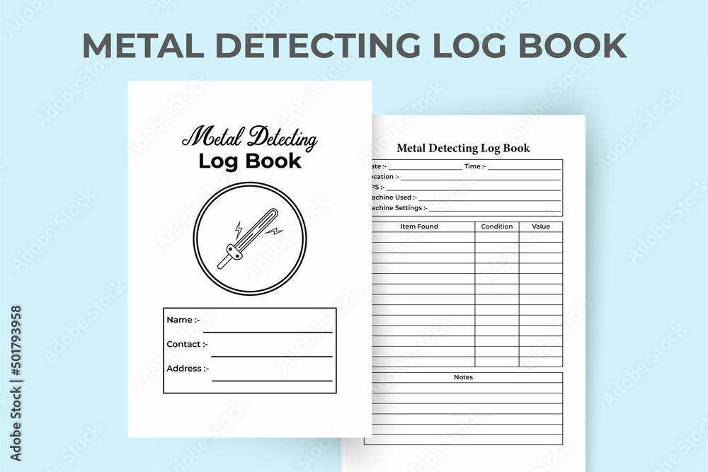 Metal detecting journal KDP interior. Daily digging work experience and item description log book template. KDP interior notebook. Metal detecting information and task tracker interior.