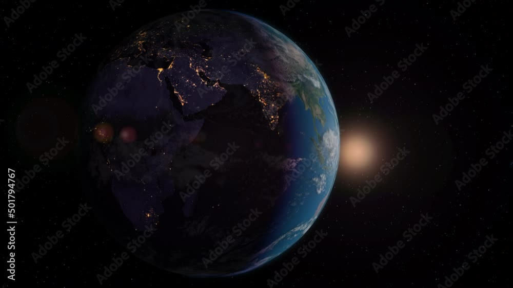 Epic Sunrise on earth, view from space. Sun movement, night to day timelapse animation. Sun and stars. Photorealistic 3d