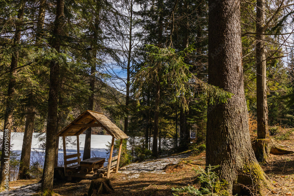 Wooden alcove near spruce trees and lake in spring. Wooden alcove near spruce trees and lake in spring.