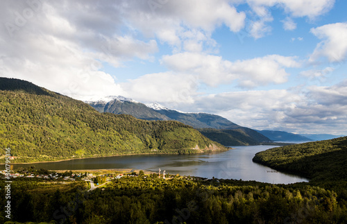 fjord entering the green mountains in chilean patagonia