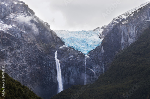 View of the hanging snowdrift and his waterfall in chilean patagonia 