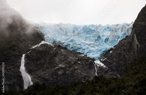 View of the hanging snowdrift in queulat national park photo