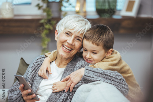 Photography Grandma and grandson spend beautiful time together, they are happy and enjoy themselves