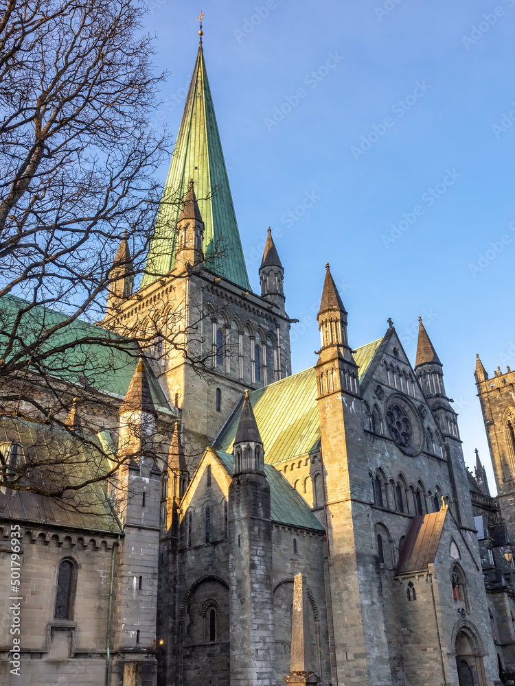 Fototapeta premium The magnificent Nidaros Cathedral (Nidarosdomen), Trondheim, Trøndelag, Norway. Built over the burial site of King Olav (St. Olav, the patron saint of the nation), where Norwegian kings are crowned.