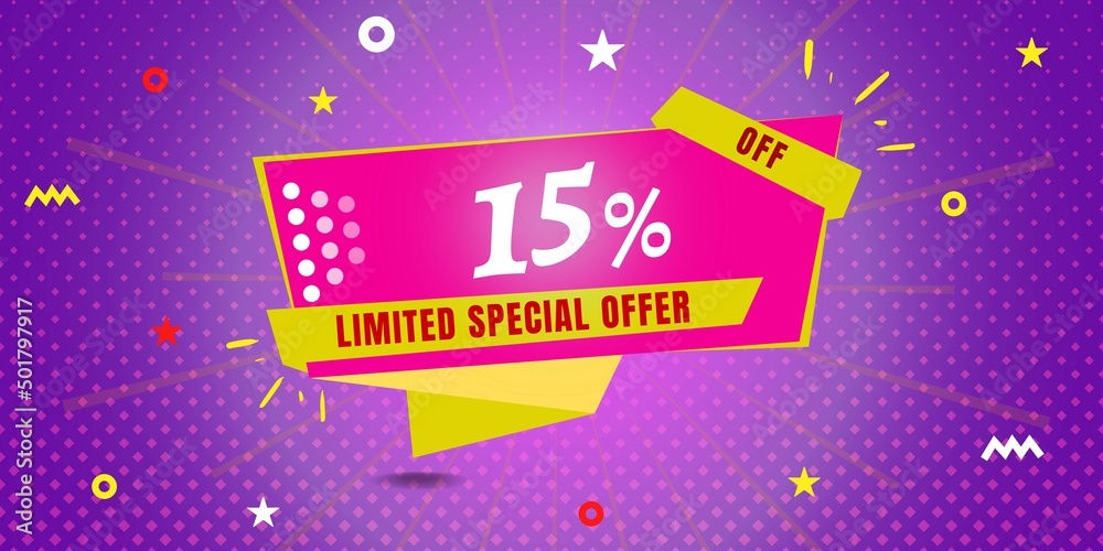 Fototapeta premium 15% off limited special offer. Banner with fifteen percent discount on a purple background with yellow square and pink
