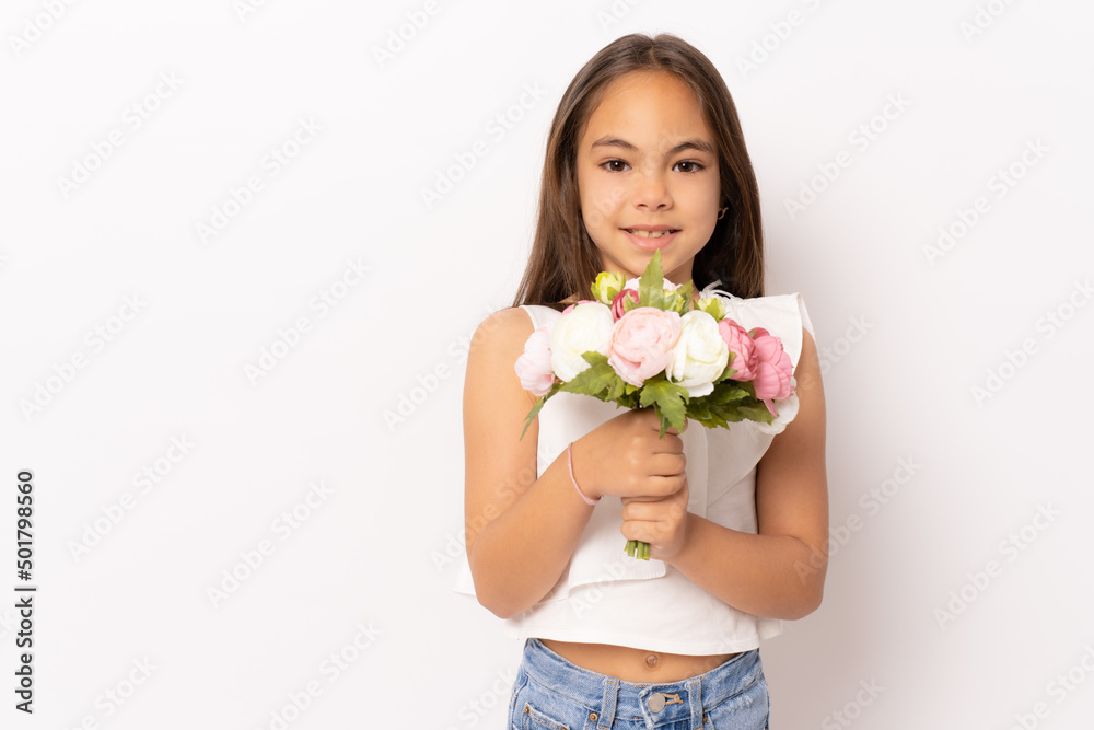 Pensive girl with bunch of flowers, isolated on white background. Pensive girl with bunch of flowers, isolated on white background.