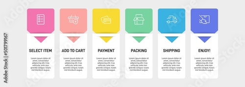 Concept of shopping process with 6 successive steps. Six colorful graphic elements. Timeline design for brochure, presentation, web site. Infographic design layout.