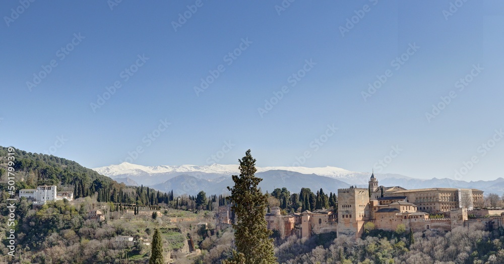 panorama sur le palais de l'Alhambra et la sierra nevada en Andalousie au sud de l'Espagne panorama sur le palais de l'Alhambra et la sierra nevada en Andalousie au sud de l'Espagne