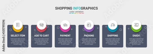 Concept of shopping process with 6 successive steps. Six colorful graphic elements. Timeline design for brochure, presentation, web site. Infographic design layout.