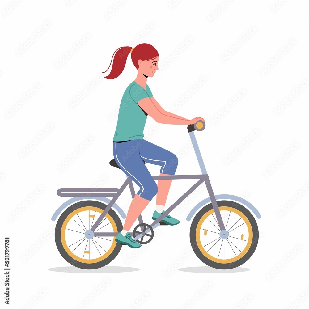 Woman Riding Bicycle. Girl on bike. Pedaling female bicyclist isolated on white background. Activity Vector trendy illustration Woman Riding Bicycle. Girl on bike. Pedaling female bicyclist isolated on white background. Activity Vector trendy illustration