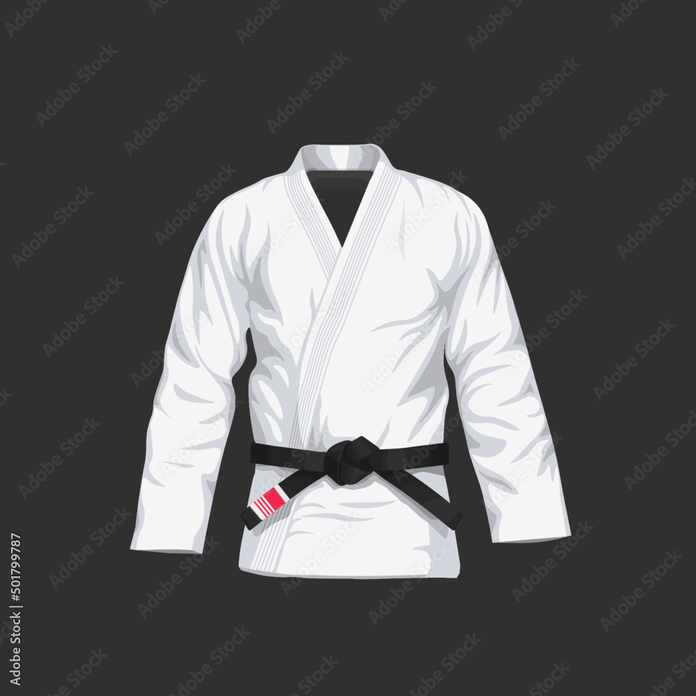 Vecteur Stock BJJ Gi with black belt vector illustration in flat style.  Brazilian Jiu-Jitsu white kimono. Isolated. on black background. | Adobe  Stock