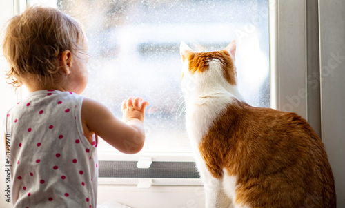 baby girl and ginger cat looking through the window at sunny day, natural dirty glass background