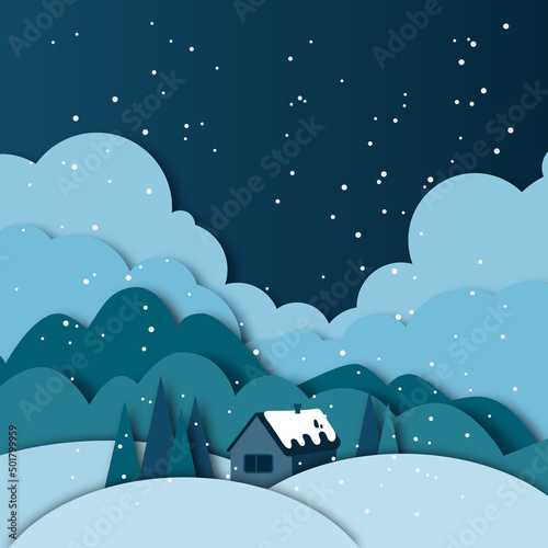 House with snowfall winter nature paper cut style