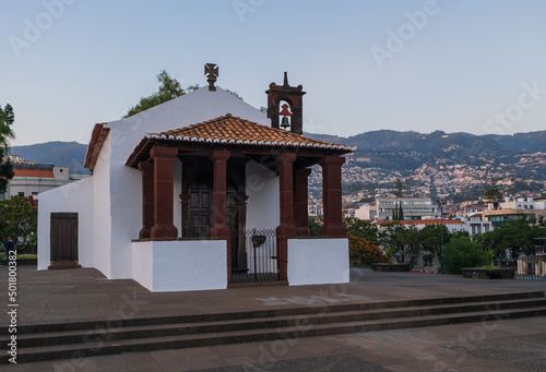 Church in Santa Catarina Park Funchal harbour Skyline Madeira island, Portugal. October 2021 photo