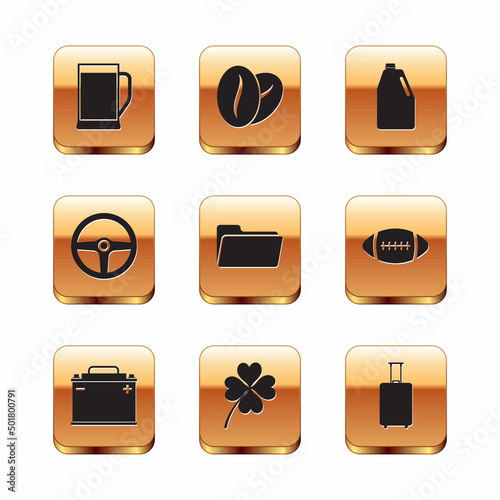 Set Glass of beer, Car battery, Four leaf clover, Folder, Steering wheel and Household chemicals bottle icon. Vector