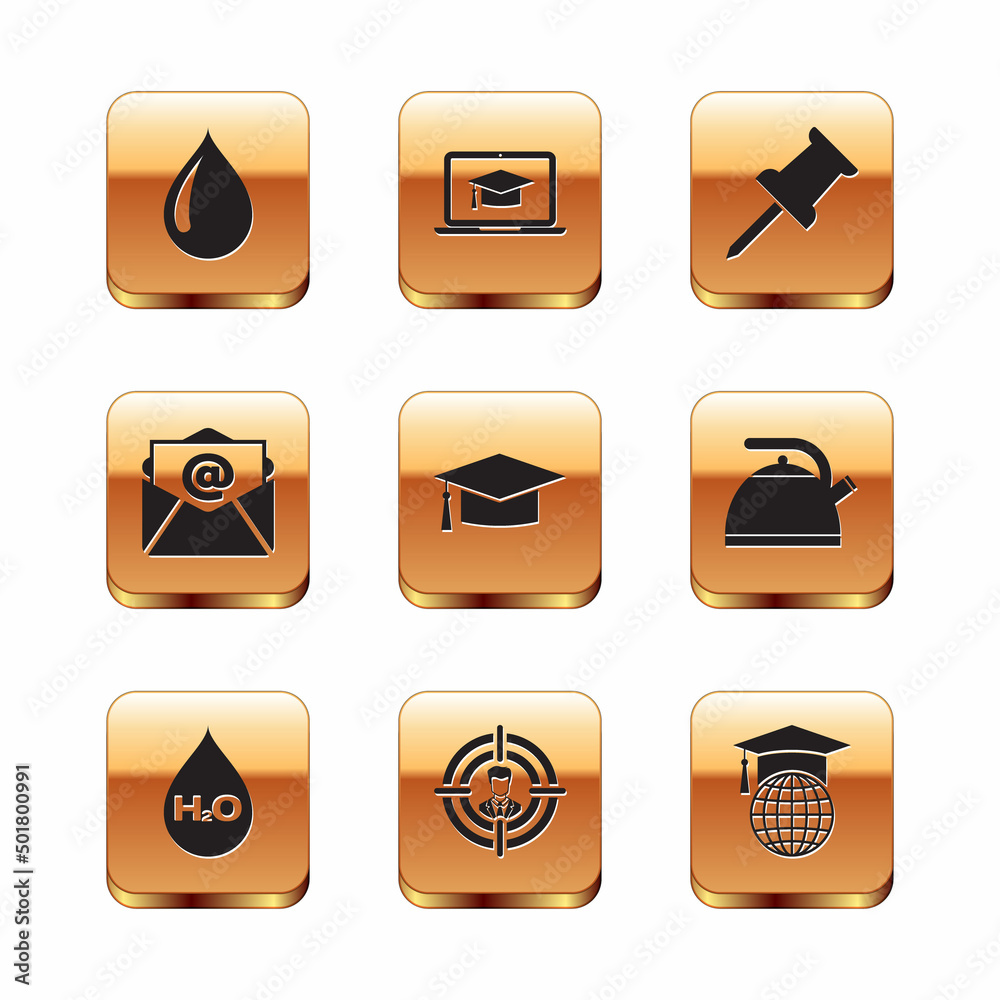 Set Water drop, with H2O, Head hunting, Graduation cap, Mail and e-mail and Push pin icon. Vector