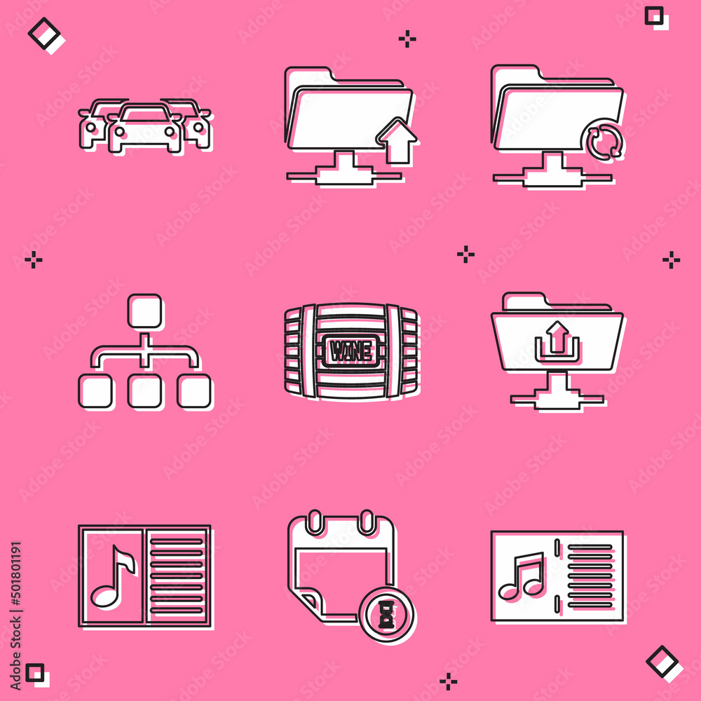 Set Cars, FTP folder upload, sync refresh, Hierarchy organogram chart, Wooden barrel for wine and icon. Vector Set Cars, FTP folder upload, sync refresh, Hierarchy organogram chart, Wooden barrel for wine and icon. Vector