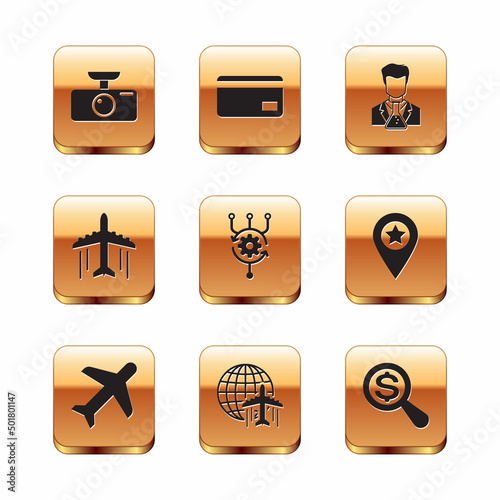 Set Car DVR, Plane, Globe with flying plane, Algorithm, and Scientist and test tube icon. Vector