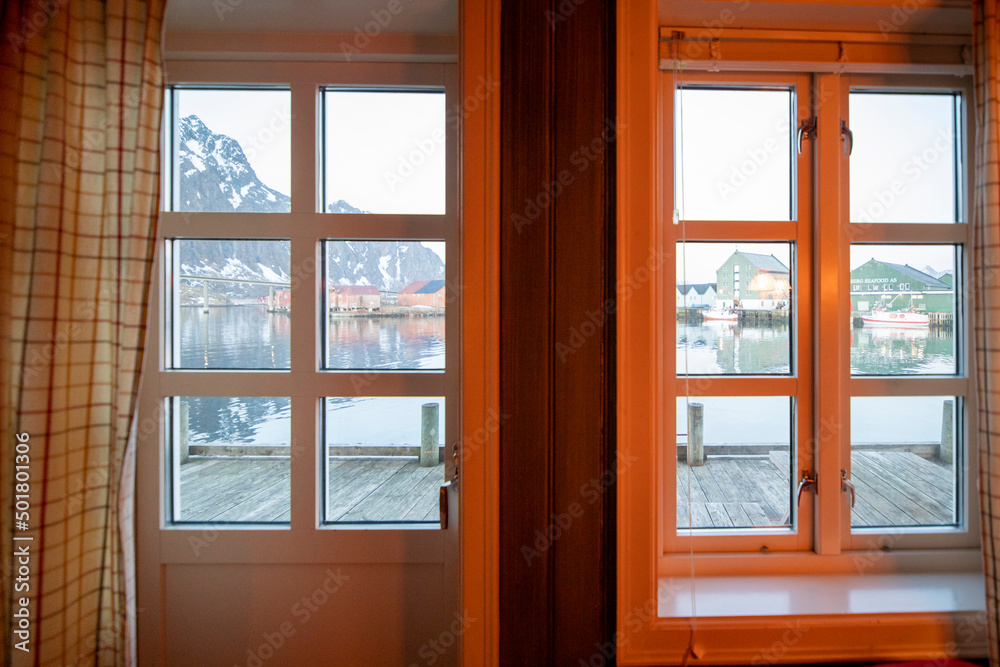 Fototapeta premium Svolvær, Austvågøya, Lofoten, Norway - Anker Brygge interior of hotel cabin.