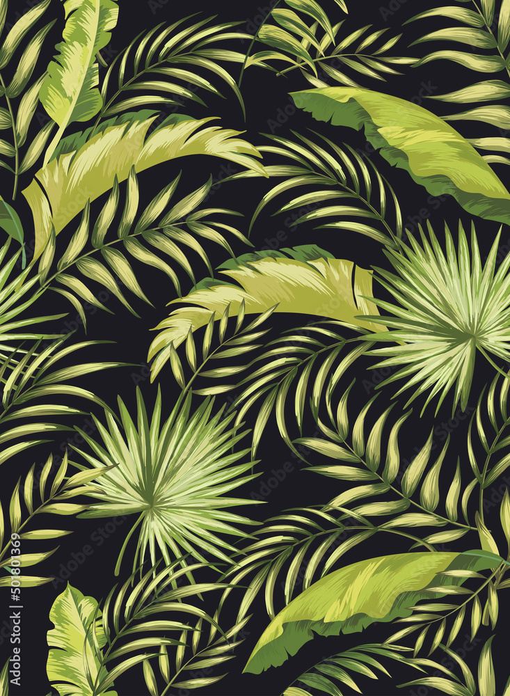 Green tropical palm leaves seamless vector pattern on the black background.Trendy summer print. Green tropical palm leaves seamless vector pattern on the black background.Trendy summer print.