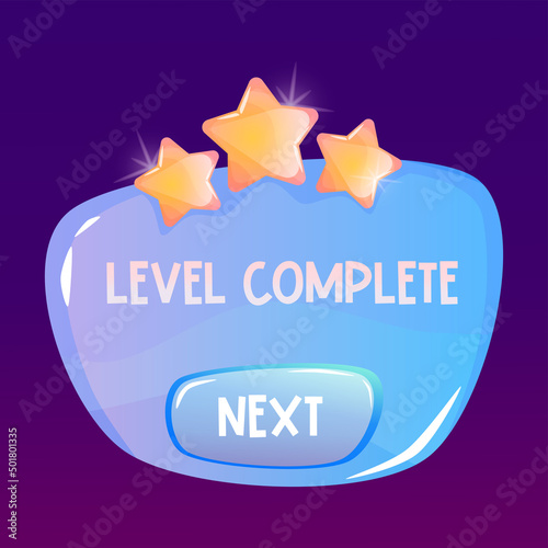Level is completed on the panel for the game ui interface. Screen with achievements and stars with a button for mobile applications. Cartoon vector illustration Game frame.
