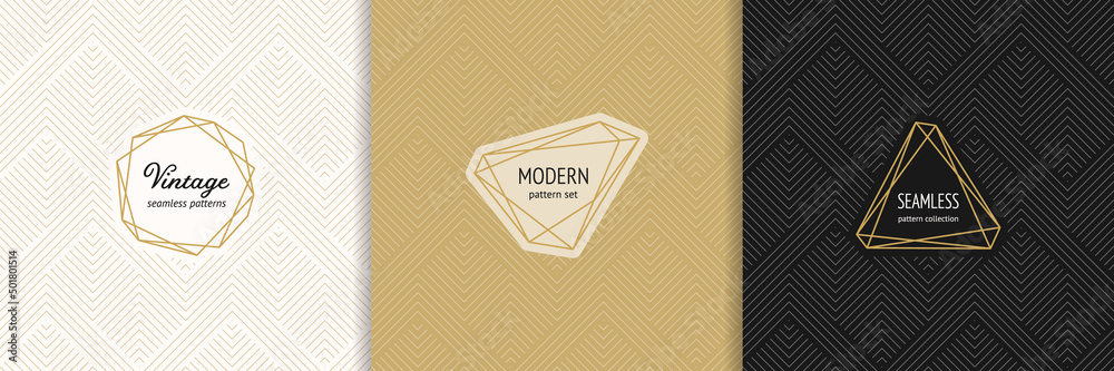 Vector gold minimalist seamless patterns set with modern labels. Elegant golden texture with thin geometric lines, chevron, zig zag stripes. Trendy minimal background. Luxury repeat design collection