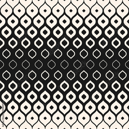 Vector halftone seamless pattern. Trendy abstract geometric background with curved shapes, leaves, drops, mesh. Black and white texture with gradient transition effect. Modern monochrome geo design