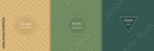 Vector abstract seamless pattern set with stylish labels, badges. Geometric graphic backgrounds in ethnic style. Simple tribal ornaments. Modern design templates in trendy colors, yellow, green, teal