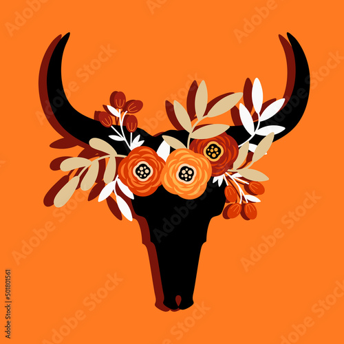 Aesthetic black cow skull with a wreath on an orange background. Bull skull silhouette. Vector simple illustration paper cut effect