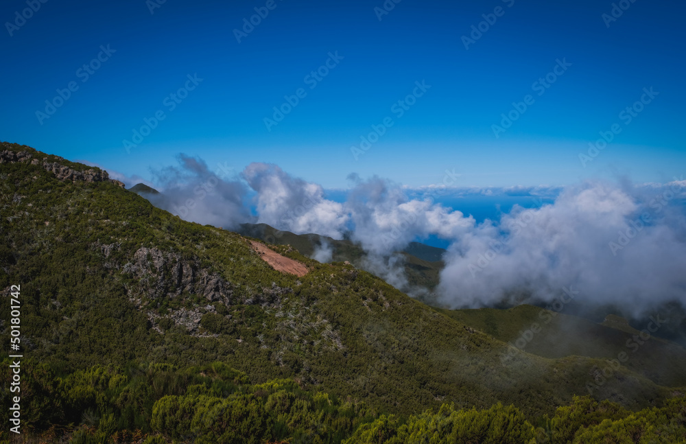 View from Pico Ruivo peak towards the refuge and Achada do Teixeira area on Madeira island of Portugal. October 2021