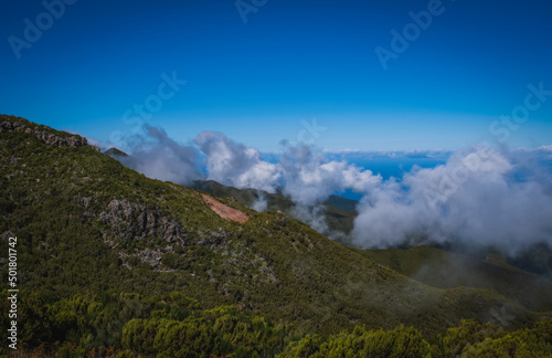 Fototapeta Naklejka Na Ścianę i Meble -  View from Pico Ruivo peak towards the refuge and Achada do Teixeira area on Madeira island of Portugal. October 2021