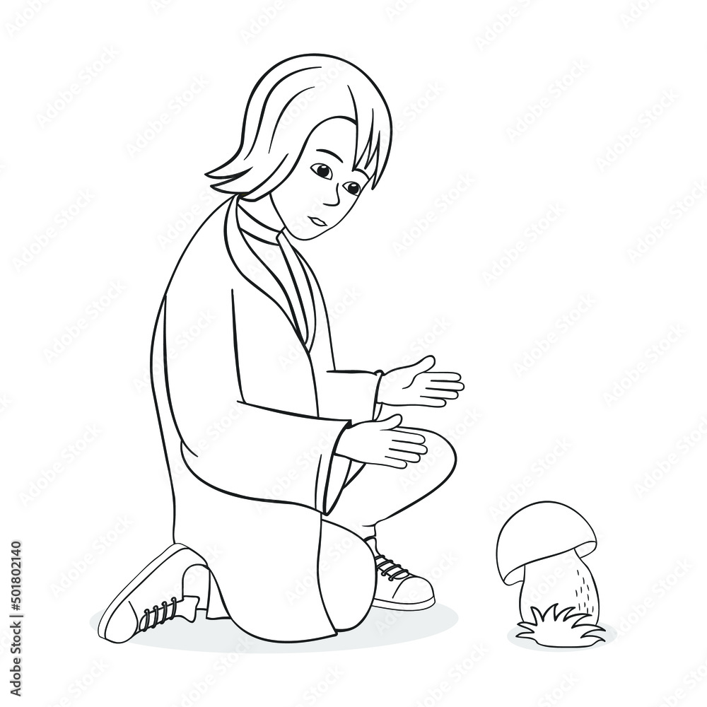 The boy found a mushroom in the old dry forest, outline The boy found a mushroom in the old dry forest, outline