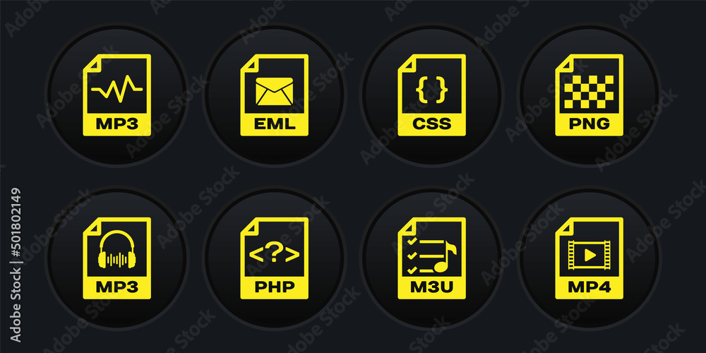 Set MP3 file document, PNG, PHP, M3U, CSS and EML icon. Vector Stock Vector  | Adobe Stock