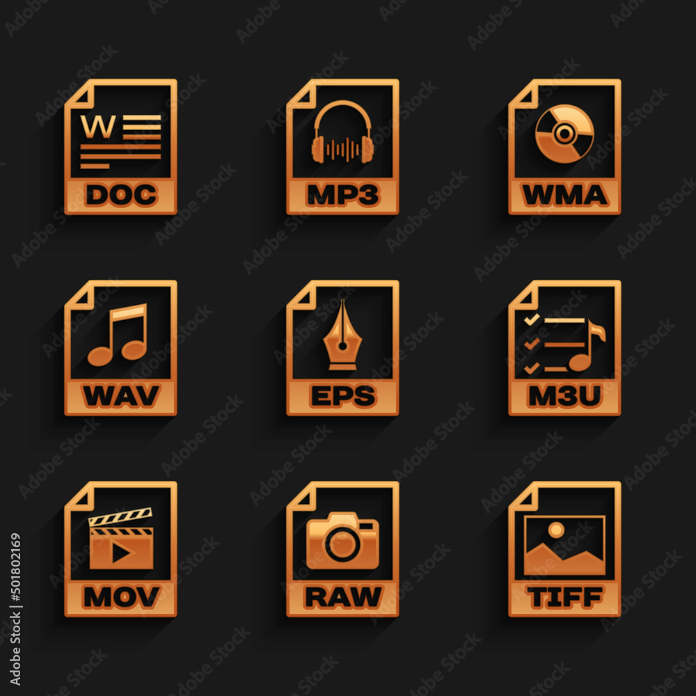 Set EPS file document, RAW, TIFF, M3U, MOV and WAV icon. Vector Set EPS file document, RAW, TIFF, M3U, MOV and WAV icon. Vector
