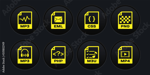 Set MP3 file document, PNG, PHP, M3U, CSS and EML icon. Vector