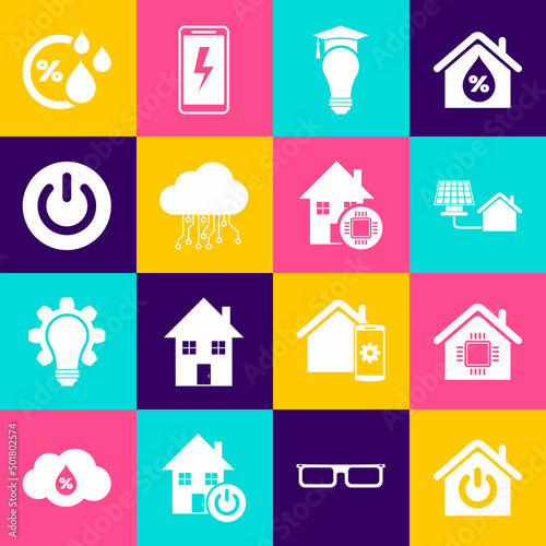 Set Smart home, House with solar panel, Light bulb and graduation cap, Internet of things, Power button, Humidity and icon. Vector