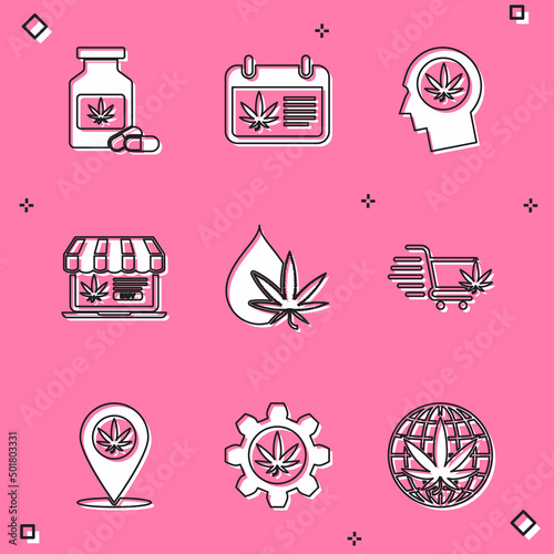 Set Medical bottle with marijuana, Calendar and, Head in profile, Online buying, Marijuana or cannabis leaf oil, Shopping cart, Location and Test tube icon. Vector