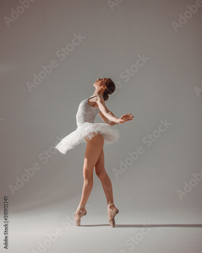classic ballet posing. young slim dancer, fit girl ballerina stands in white ballet tutu like white swan in profile in pointe shoes on white wall background in studio light. ballet concept, free space