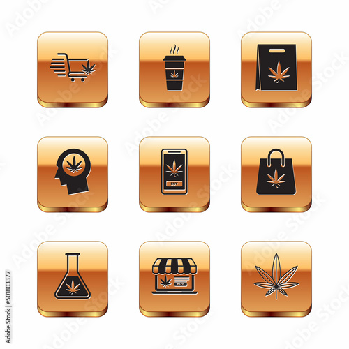Set Shopping cart with marijuana, Test tube, Online buying, Head profile, bag, Marijuana or cannabis leaf and Cup coffee icon. Vector
