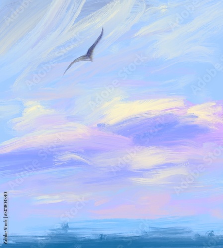 Obraz na plátně Hand drawn Watercolour textured illustration Bird flying over the sky