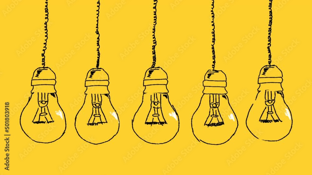 Set of light bulbs hand drawn on a yellow background. Thinking, idea concept.