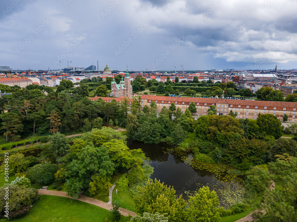 Beautiful aerial view of Frederiksborg Castle - palace and its gardens in Copenhagen Denmark 