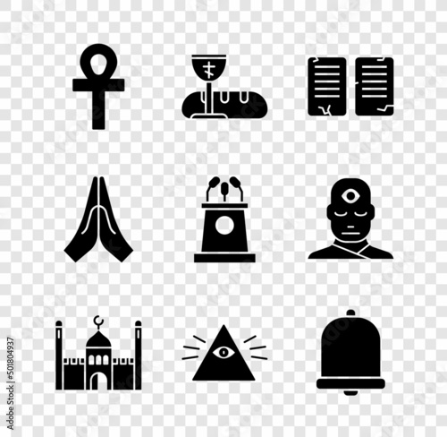 Set Cross ankh, First communion symbols, The commandments, Muslim Mosque, Masons, Church bell, Hands in praying position and Stage stand or tribune icon. Vector