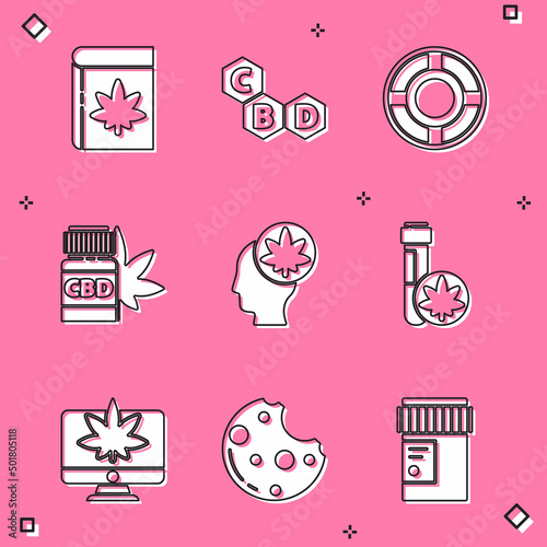 Set Book and marijuana or cannabis, Cannabis molecule, Ashtray, Medical bottle with, Head, Chemical test tube, Monitor and Cookies icon. Vector