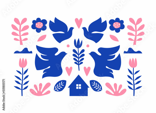 Nordic Folk pattern with birds and floral elements