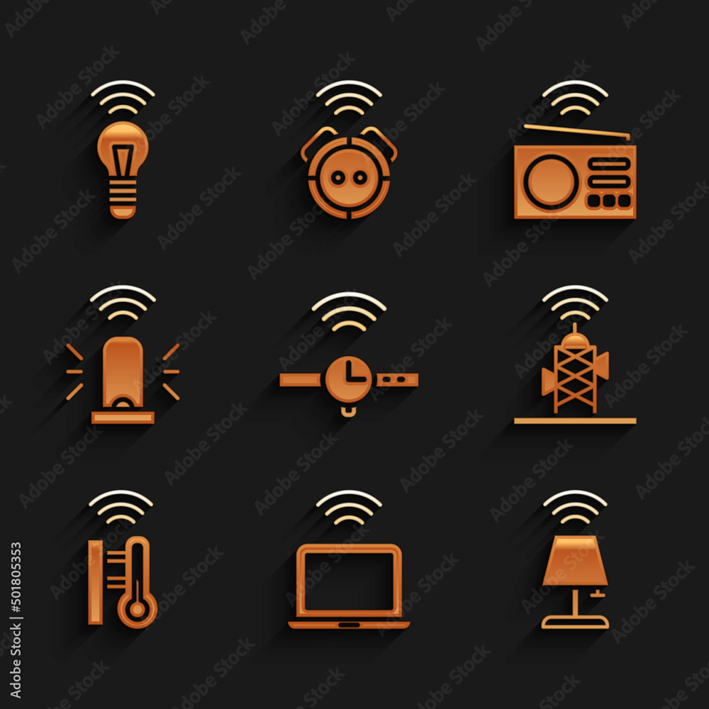 Set Smartwatch, Wireless laptop, table lamp, antenna, thermometer, flasher siren, radio and light bulb icon. Vector Set Smartwatch, Wireless laptop, table lamp, antenna, thermometer, flasher siren, radio and light bulb icon. Vector