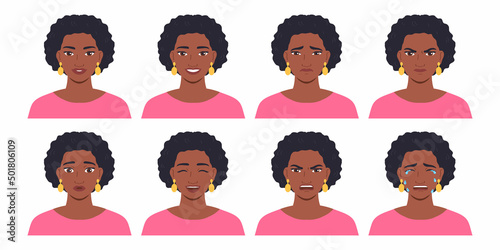 Dark-skinned woman avatar set.Different emotions. Cartoon vector illustration.