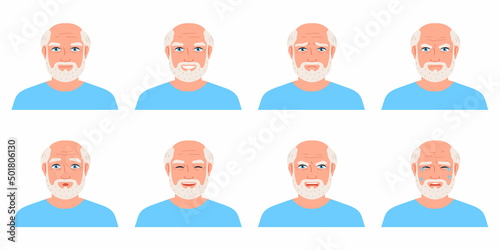 Elderly man avatar set.Different emotions. Cartoon vector illustration.