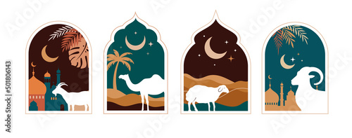 Eid Al Adha festival. Greeting card with sacrificial sheep and crescent on cloudy night background. Eid Mubarak theme. Vector illustration.